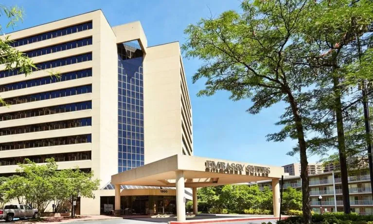 Hotel exterior at Embassy Suites By Hilton, Crystal City National Airport.