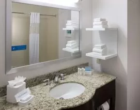 Guest bathroom with shower at Hampton Inn Los Angeles-Orange County-Cypress.