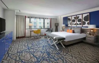Double bed guest room in Royal Sonesta Washington DC Dupont Circle, including window, chair, and widescreen TV.