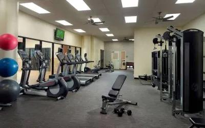 The hotel fitness center has an assortment of exercise machines, plus free weights and benches, and a wall-mounted TV.