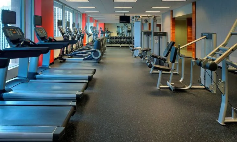 The hotel fitness center is equipped with an extensive array of exercise machines, free weights, and a widescreen television.