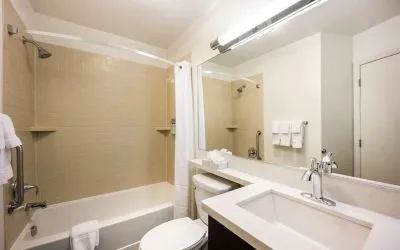 Guest bathroom with shower and bath at Sonesta Simply Suites Detroit Warren.