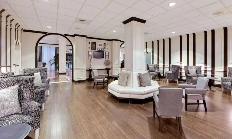 Lobby and coworking space at Sonesta Atlanta Northwest Galleria.