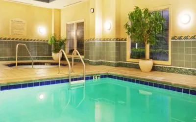 Sonesta Atlanta Airport South’s indoor pool has a hot tub nearby, potted plants by the side, and large windows.