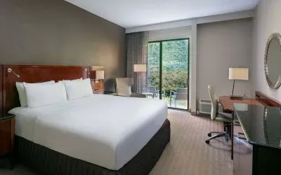 Double bed guest room in Sonesta Charlotte Executive Park, with armchair, mirror, and workspace desk and chair.