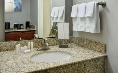 Guest bathroom at Sonesta Select Milwaukee Brookfield.