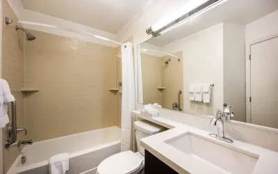 Guest bathroom in Sonesta Simply Suites Detroit Troy, with sink, mirror, lavatory, and bath fitted with a shower.