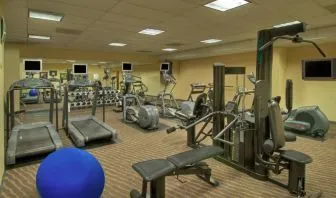 Royal Sonesta Portland Downtown’s fitness center is equipped with free weights, a wall-mounted TV, and assorted exercise machines.