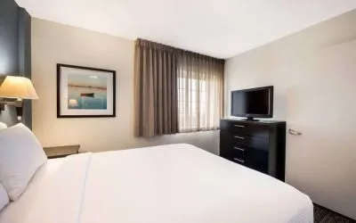 Double bed guest room in Sonesta Simply Suites Dallas Las Colinas, featuring a window and widescreen TV.