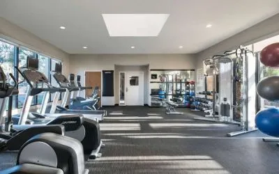 Fitness center equipped with free weights, gym balls, a TV, and various exercise machines at Sonesta Select Los Angeles LAX El Segundo.