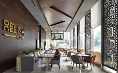 Dining and coworking area at Fraser Residence Menteng Jakarta.