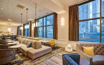 Lounge and coworking space at Homewood Suites By Hilton Chicago-Downtown.