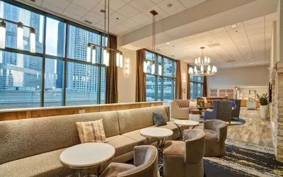 Dining and coworking space at Homewood Suites By Hilton Chicago-Downtown.