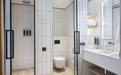 Guest bathroom with shower at Hilton Garden Inn Tbilisi Riverview.