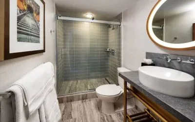 Guest bathroom with shower at Hotel Dena, Pasadena Los Angeles.