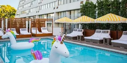 Fun in the sun in this stunning outdoor pool at Hotel Dena, Pasadena Los Angeles.