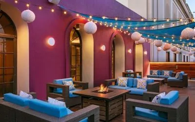 Coworking space, lounge, and fire pit at Hotel Dena, Pasadena Los Angeles.