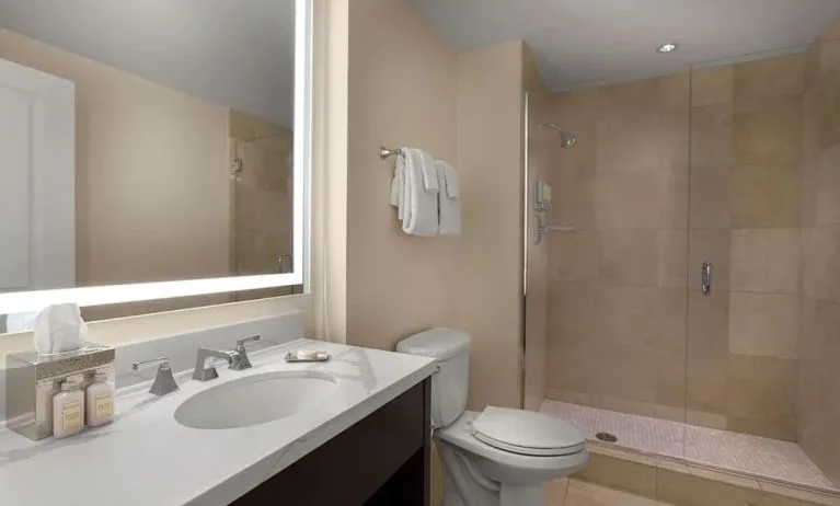 Guest bathroom with shower at The Chase Park Plaza Royal Sonesta St. Louis.
