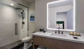 Guest bathroom with shower at Royal Sonesta Chicago Downtown. 