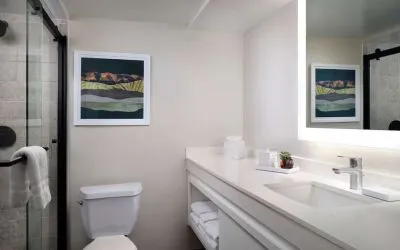 Guest bathroom with shower at Sonesta Irvine.