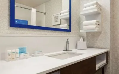 Guest bathroom at Hampton Inn Tracy.