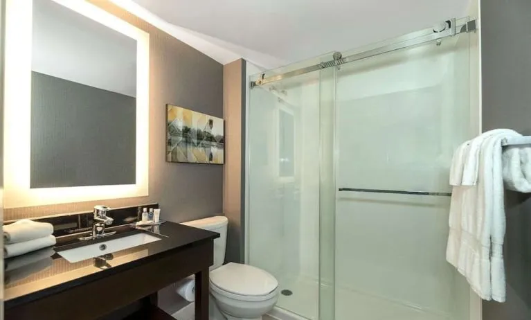 Guest bathroom with shower at Comfort Inn Brossard.