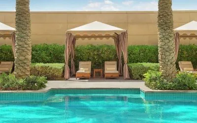 Pool cabanas at Hilton Dubai Al Habtoor City.
