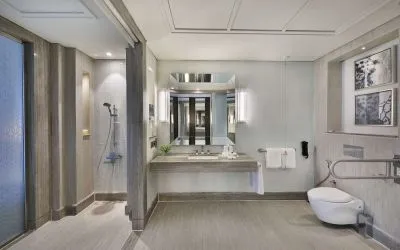 Guest bathroom at Hilton Dubai Al Habtoor City.