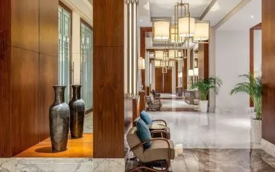Lobby and hotel entrance at Hilton Dubai Al Habtoor City.