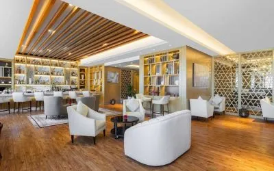 Lobby and coworking area at V Hotel Dubai.