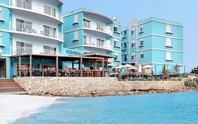 Hotel exterior overlooking the ocean at Oyster Bay Beach Resort.