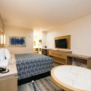 Day use room with TV and work desk at Palace Inn Blue IAH East.