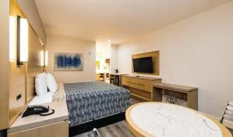 Day use room with TV and work desk at Palace Inn Blue IAH East.