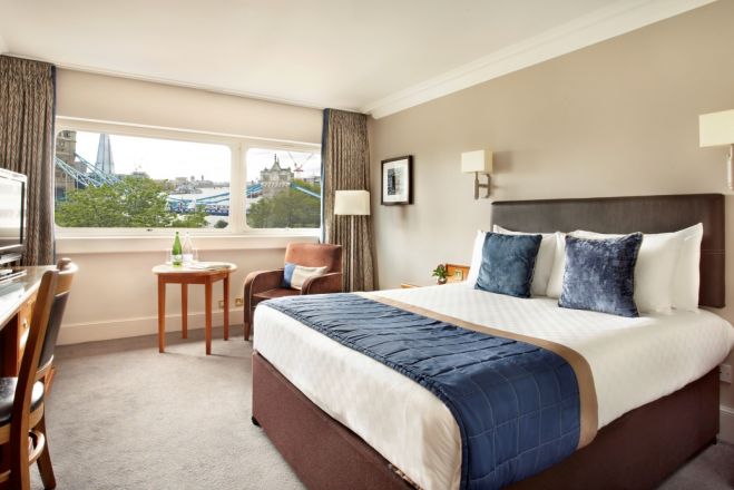 One of the beautiful dayrooms HotelsByDay now offers at Tower Hotel in London with striking view of Tower Bridge.