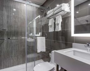 Guest bathroom with shower at Comfort Inn JFK Airport.