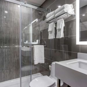 Guest bathroom with shower at Comfort Inn JFK Airport.
