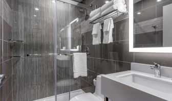 Guest bathroom with shower at Comfort Inn JFK Airport.
