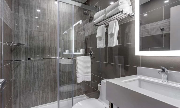 Guest bathroom with shower at Comfort Inn JFK Airport.