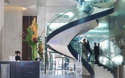 Lobby staircase at Hilton Manchester Deansgate.
