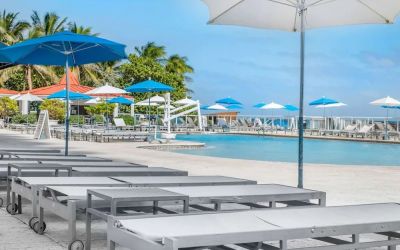 Sun loungers and umbrellas at Ramada Plaza Marco Polo Beach Resort.