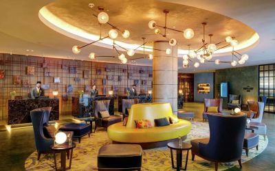 Lobby and coworking lounge at Hilton London Bankside. 