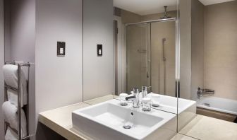 Guest bathroom with shower at Doubletree by Hilton Glasgow Central.