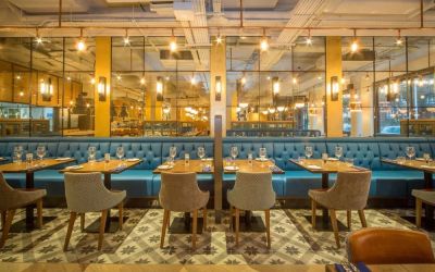 Modern dining area perfect for coworking at DoubleTree by Hilton London Kingston upon Thames.