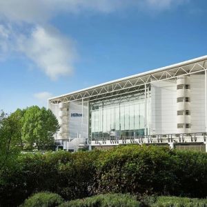 Hotel exterior at Hilton London Heathrow Airport.