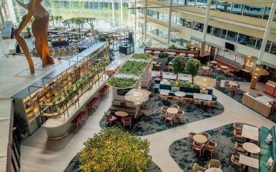 Restaurant and bar view from above at Hilton London Heathrow Airport.