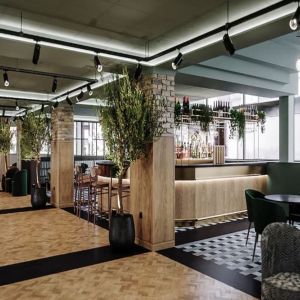Lobby and coworking lounge at Leonardo Royal Hotel Birmingham.