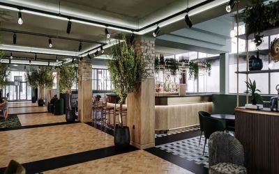 Lobby and coworking lounge at Leonardo Royal Hotel Birmingham.