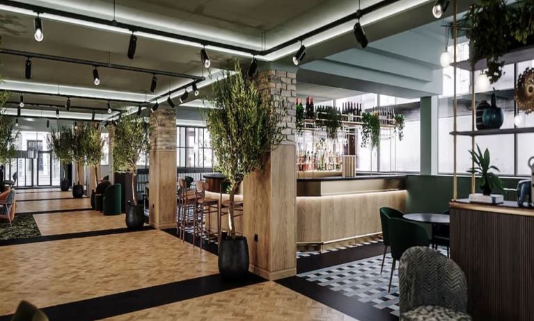 Lobby and coworking lounge at Leonardo Royal Hotel Birmingham.