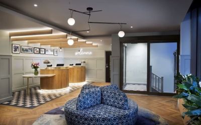 Lobby and coworking lounge at Leonardo Hotel Chester.