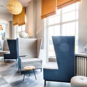 Lobby and coworking lounge at Leonardo Royal Hotel Edinburgh Haymarket. 